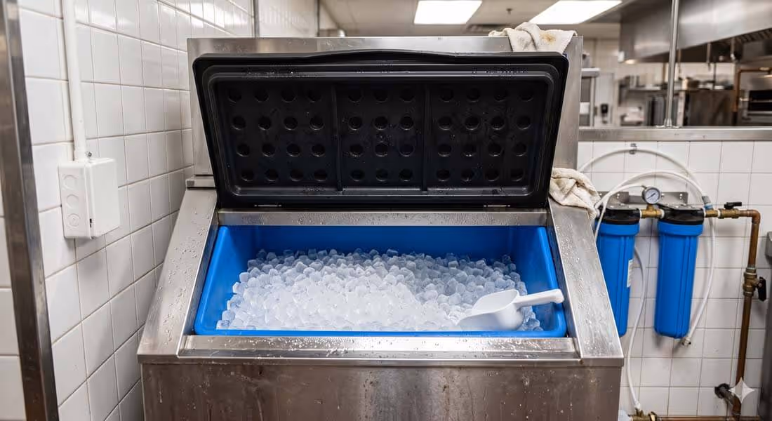 Industrial ice machine with open lid filled with ice cubes and a white plastic scoop inside.